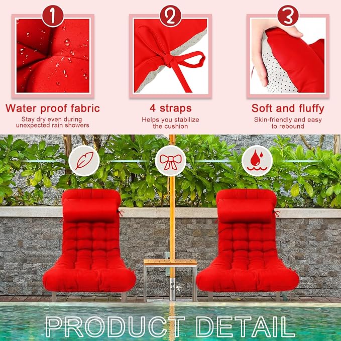 Tudomro Outdoor Chaise Lounge Cushion 66x21x4'' Waterproof & Fade-Resistant Patio Pool Chaise Lounge Cushion Headrest Pillow Tie Replacement Rocking High Back Chair(Bright Red,Set of 2)