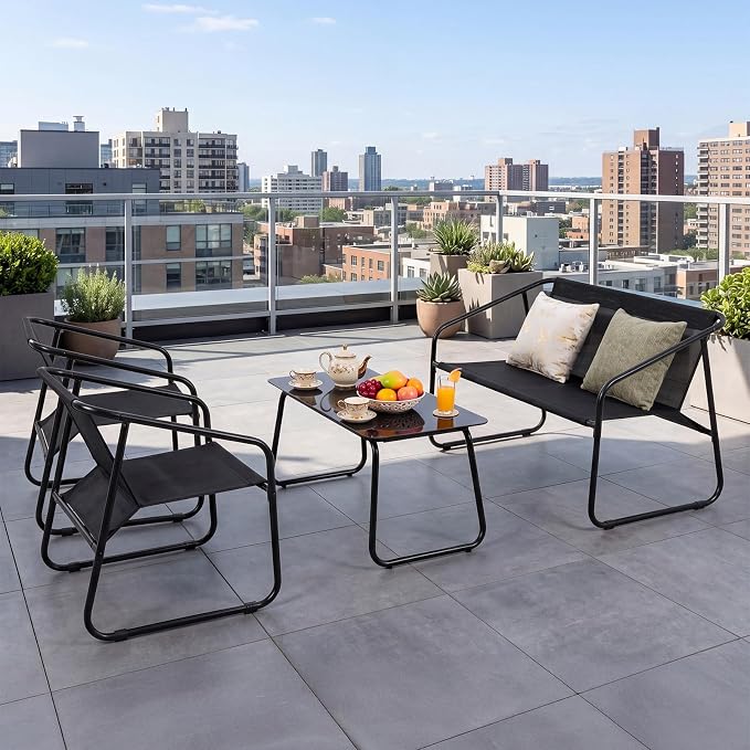 DUMOS 4 Piece Patio Furniture Set, Outdoor Patio Furniture Set with Table and Chairs, Sectional Bistro Sets for Lawn, Garden, Balcony, Pool, Poolside Black