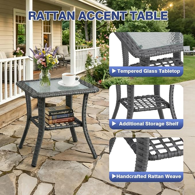 6 Piece Patio Furniture Set, 360°Swivel Glider Patio Chairs Set of 4, Outdoor Side Table Set of 2, Comfortable Seating with Thick Cushions, All-Weather Wicker Patio Set For Porch Deck Balcony Garden