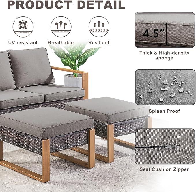 Rilyson Outdoor Ottoman Wicker Patio Footrest - 2 Piece Wicker Footrest Footstools Set with Sturdy Frame,All-Weather PE Wicker, Thick Cushions for Deck Porch Garden(Brown/Grey)