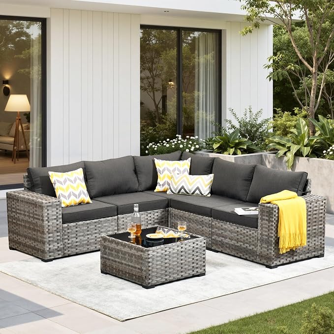 6 Pieces Patio Furniture Set, Wicker Outdoor Sectional Sofa with Coffee Table Comfy Cushions,Modern Modular Deep Seat Rattan Couch Conversation Set for Backyard Porch Yard,Black