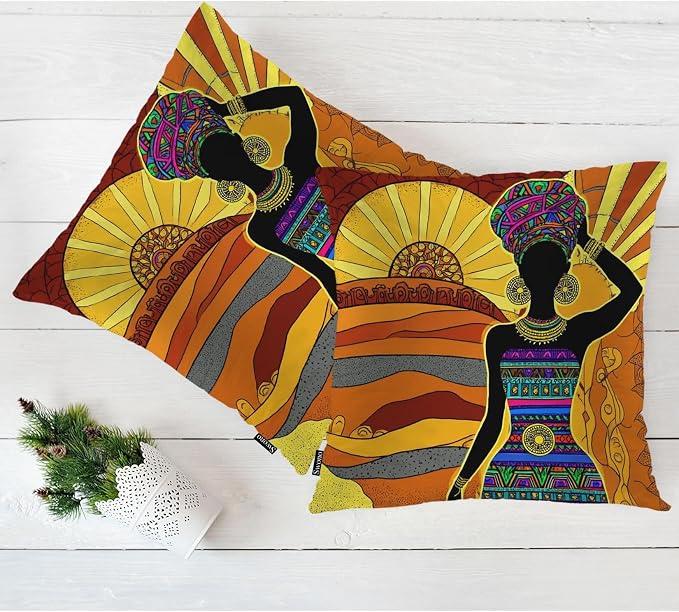Swono African Woman Throw Pillow Cases Pack of 2, Black African Woman Square Cushion Covers Decor Pillow Covers for Couch Sofa Home Farmhouse Decoration 18 X 18 Inches Pillowcases