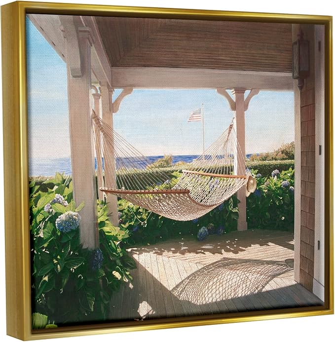 'Tranquil Hammock Warm Sunlit Porch Rural'| Floating Frame Canvas Art | Stupell Industries | Gold, 21 x 17 Inches, Easy to Hang and Sturdy, Made in USA, by Tom Mielko