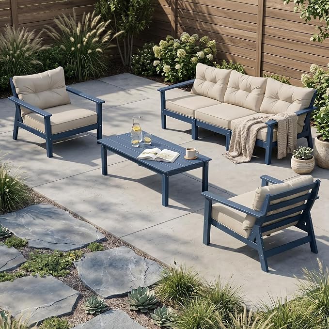 HDPE Patio Conversation Set 5 Seats, Outdoor Furniture Set, Patio Sofa Set | Water-Resistant Thick Cushion, HDPE All Weather, Wood-Grain, No Rot or Rust or Crack, UV Fade Shield, Easy-Clean for Outside