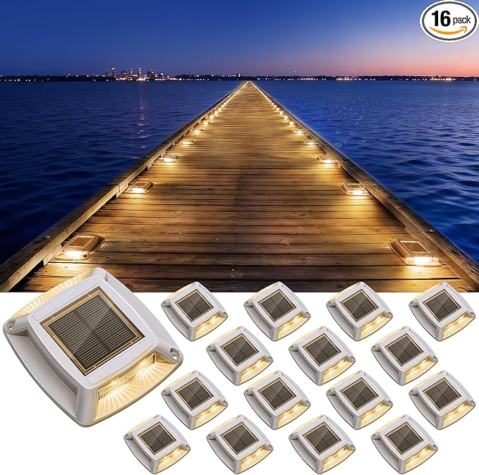 Solar Driveway Lights Outdoor 16 Pack, IP68 LED Solar Powered Waterproof Driveway Marker Deck Dock Lights for Dock Step Pathway Walkway Sidewalk Garden Yard Stair Marine (Warm)
