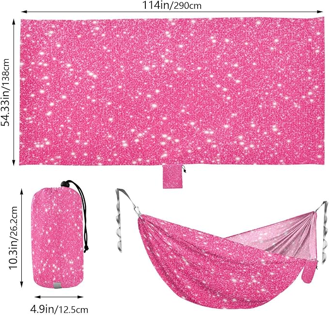 Pink Sparkling Glitter Camping Hammock, Portable Lightweight Single Hammock with Tree Straps and Aluminum Carabiners, 114" x 54" Travel Hammock for Hiking Backpacking Beach
