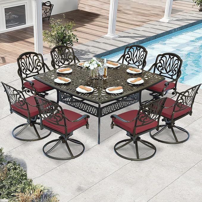 9 Piece Outdoor Patio Dining Set for 8, Cast Aluminium Large Square Dining Table & 8 Swivel Rocker Chairs with Removable Cushions, Umbrella Hole, Patio Furniture Set for Garden, Chili Red
