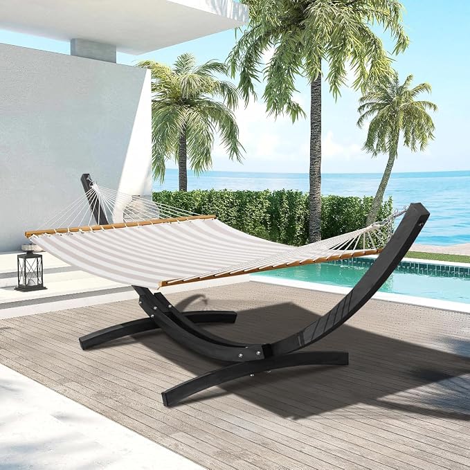 Lazy Daze Hammocks 12 FT 2 Person Double Quick Dry Textilene Hammock with Curved Steel Heavy Duty Stand for Outside, Backyard, Patio, 450 Lbs Capacity, Beige White Stripes