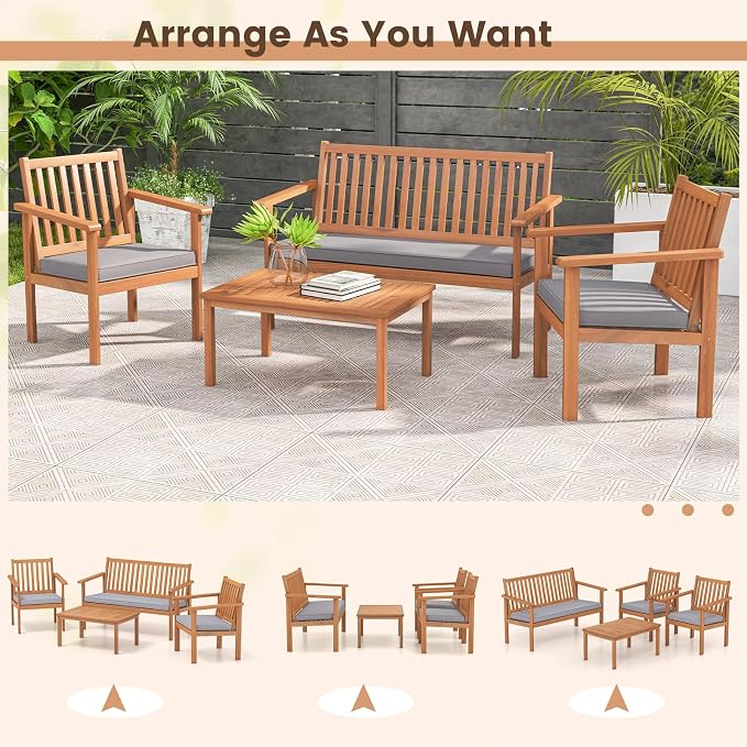 Tangkula 4 Piece Patio Wood Furniture Set, Acacia Wood Sofa Set w/Loveseat, 2 Chairs & Coffee Table, Soft Seat Cushions, Outdoor Wood Furniture Set for Porch, Yard, Balcony (Gray)