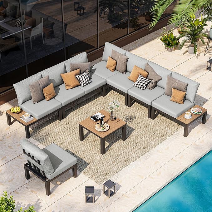 Aluminum Modular Outdoor Patio Furniture Set, 8 Seats Sectional Sofa Set with Adjustable Backrest & Thick Cushions, All-Weather L-Shaped Corner Set with Table for Garden & Yard, Gray