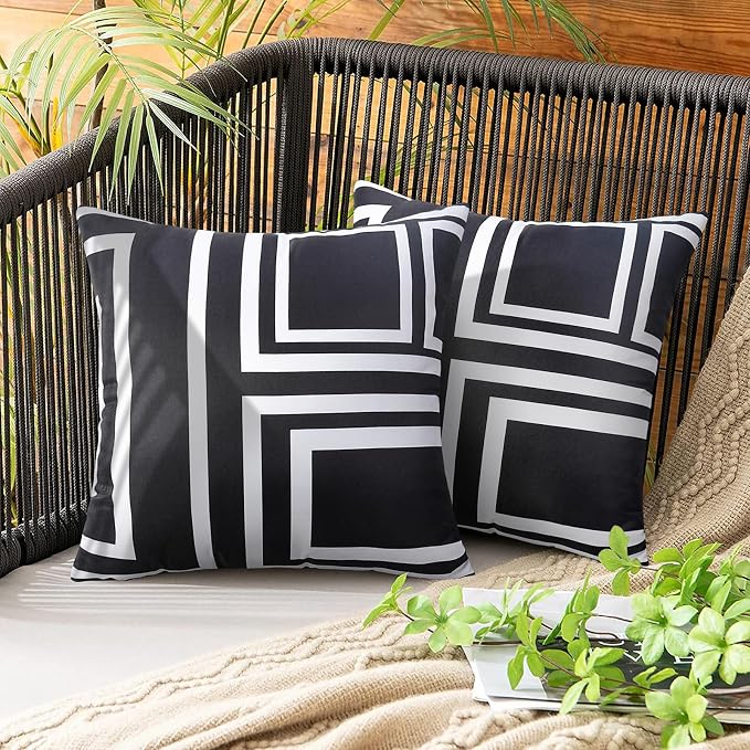 Merrycolor Set of 2 Outdoor WaterproofThrow PillowCovers Geometry Decorative Square Pillowcases Blackand White Outdoor Pillows for Patio Furniture Garden TentCouch 18 X 18 Inch Black Background