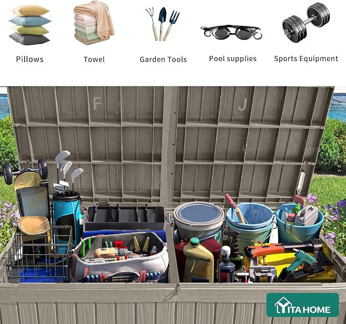 YITAHOME 180 Gallon Large Deck Box w/Divider, XL Waterproof Outdoor Storage for Patio Furniture,Outdoor Cushions, Garden Tools, Sports Equipment and Pool Supplies, Resin, Lockable, Taupe
