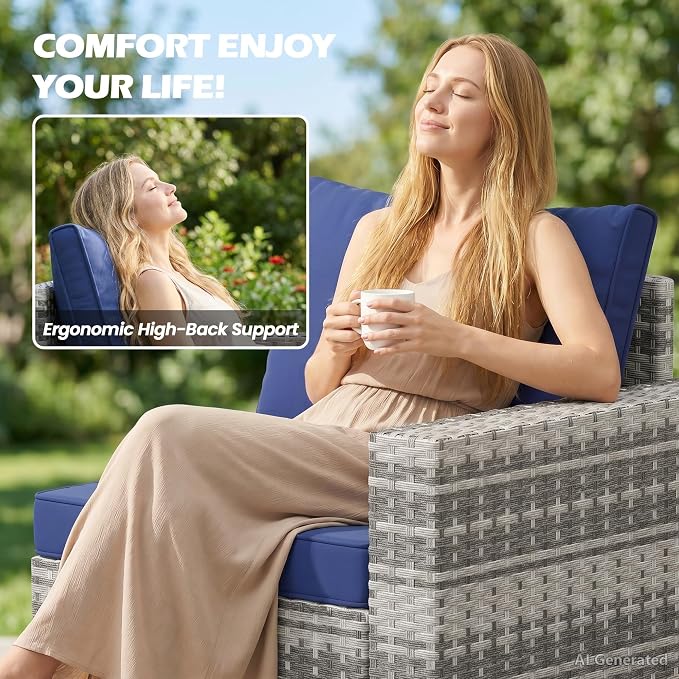 Vikiullf Patio Conversation Sets, Outdoor Furniture Set with Thick Cushions, Wicker Patio Sectional Sofas with Coffee Table for Backyard, Poolside, Garden (Grey & Blue, 7 Pieces)