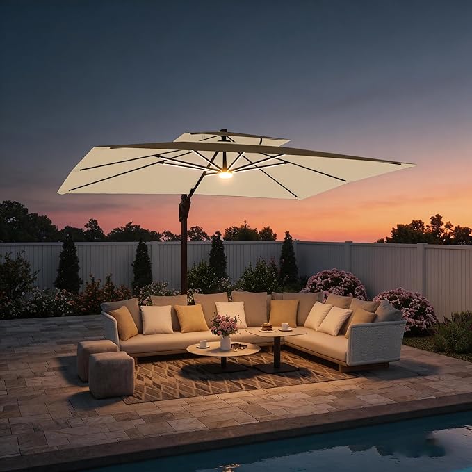 9 X 12 FT Cantilever Outdoor Patio Umbrella with Base Included Large Heavy Duty 360° Rotation Double Top Offset Rectangular Umbrellas with LED Lights for Backyard Outside Deck, Beige