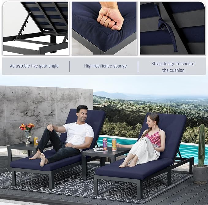 BULEXYARD 9 Pcs Oversized Contemporary Aluminum Patio Furniture Set, All Weather Modular Sectional Sofa with Tanning Chair & Fireplace, 500 lbs Heavy Duty Comfy Outdoor Couch for Beach Deck, Navy Blue
