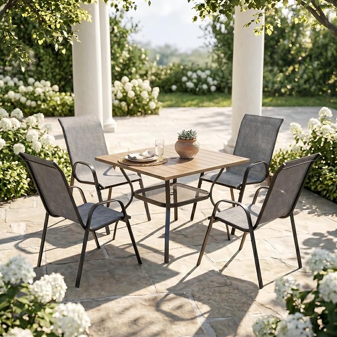 VICLLAX Patio Dining Set for 4, All Weather 5-Piece Patio Set-37.8" Square Outdoor Table and 4 Stackable Chairs for Lawn Garden and Backyard,Grey Wood Grain Tabletop