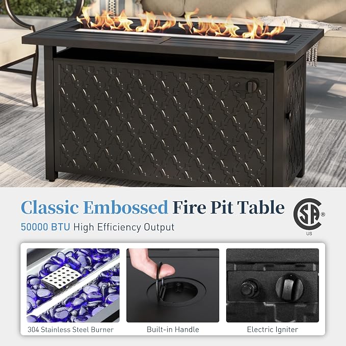 SUNSHINE VALLEY Patio Furniture Set with Firepit Table, 4 Piece Metal Outdoor Patio Furniture, 2 Rocking Chairs and 3 Seater Sofa with 5.75" Extra Thick Cushion and Gas Firepit Table for Backyard Deck