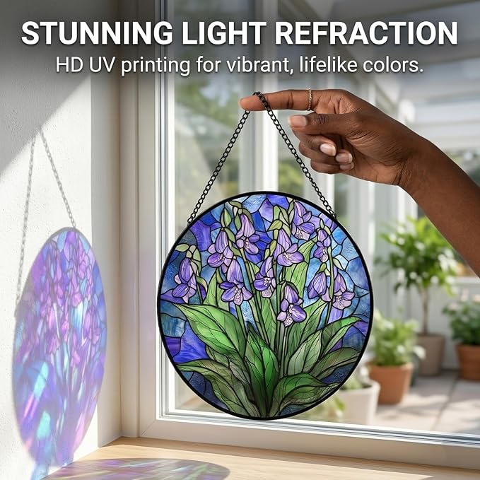 Birthday Gifts for Women - Violet Flowers Faux Stained Glass Window Hanging Sun Catcher for Door Garden Acrylic Decor Mother's Day Christmas for Mom Nana Grandma Sisters Wife 9.8"