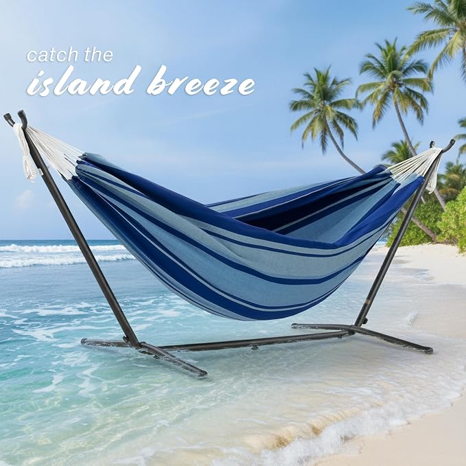Vivere Double Cotton Hammock with Space Saving Steel Stand, Upgraded Polyester End Strings 450 lb Capacity - Premium Carry Bag Included - USA Grown Cotton (Island Breeze)