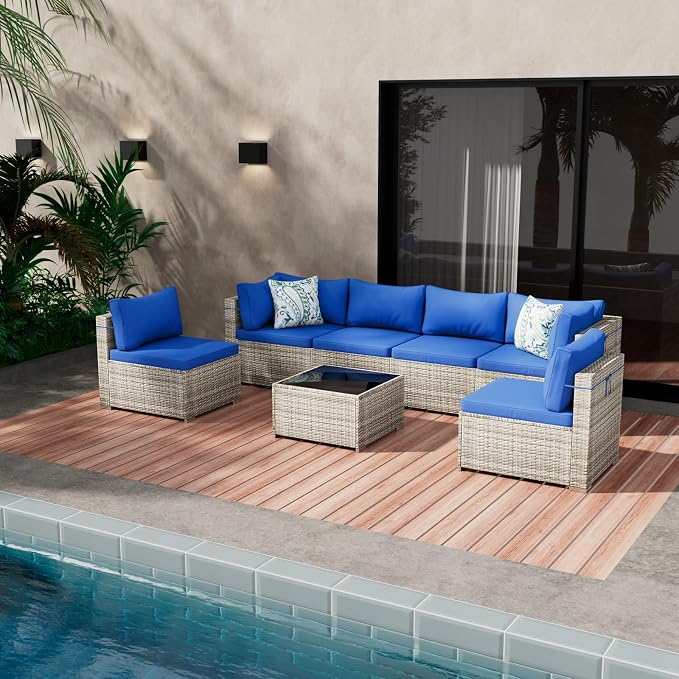 Tradare 7 Piece Patio Furniture Set, Outdoor Wicker Patio Sofa Set, PE Rattan Sectional Couch with Glass Table and Blue Cushions, All-Weather 7 Piece Outdoor Patio Furniture Sets, Grey