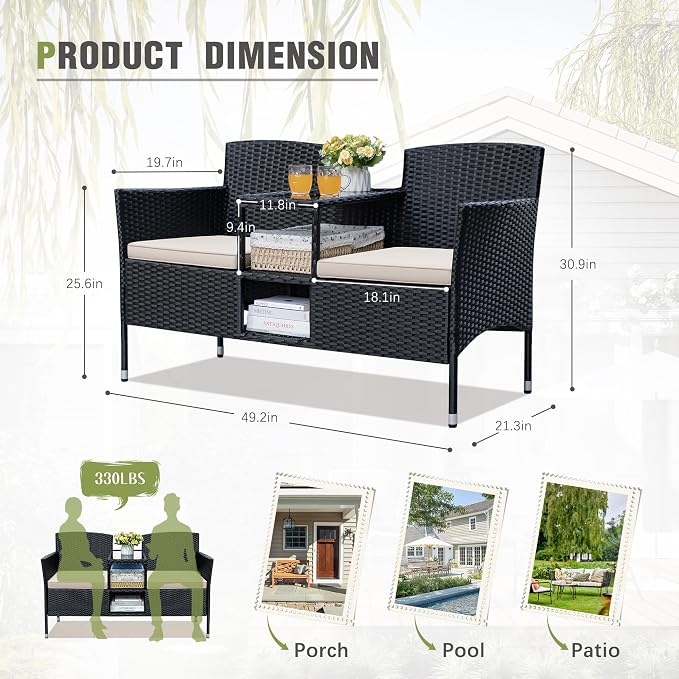 Greesum Patio Loveseat Outdoor Wicker Furniture Conversation Set with Soft Cushions & Built-in Coffee Table for Lawn Garden Backyard, Beige