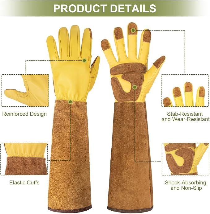 WOHEER Long Gardening Gloves for Women Thorn Proof,Rose Pruning Cowhide Leather Garden Glove for Cactus, Rose and Blackberry