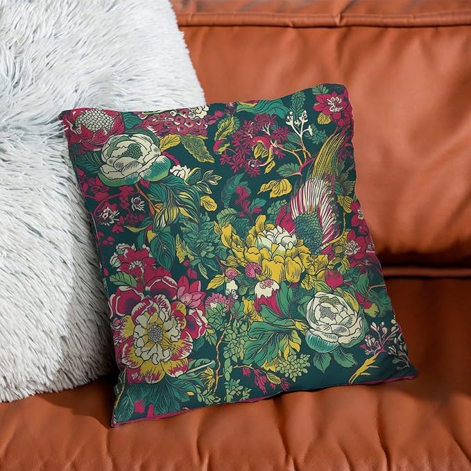 Chinoiserie Red Peony Floral Throw Pillow Covers Green and Pink Cushion Cases 16x16 INClassic Accent Decorative Cushion Cases Home Decor for Patio Furniture Garden