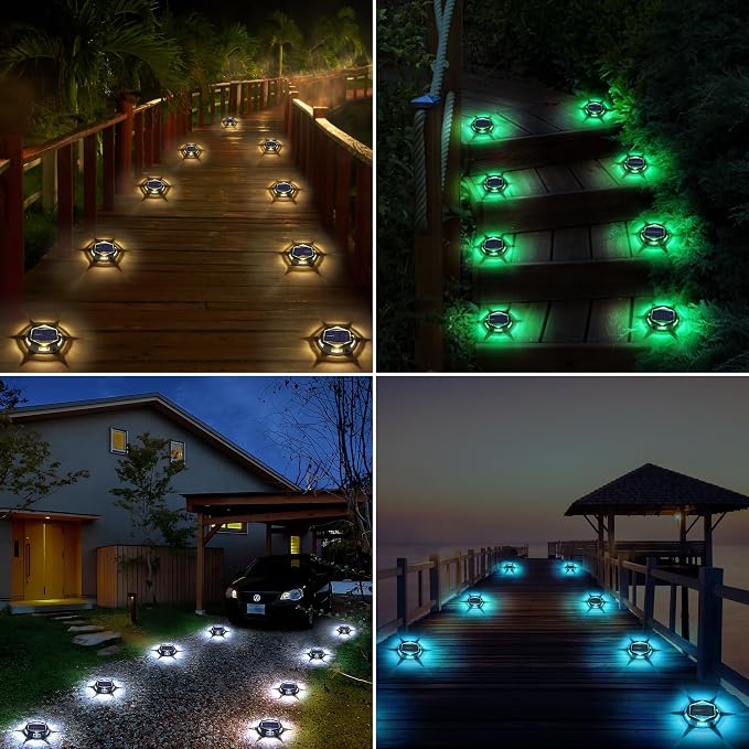 Solar Deck Light Outdoor, 6 Pack 9 Colors in 1 Solar Driveway Dock Lights, IP67 Waterproof Solar Powered Outdoor Light, RGB Step Lights for Outside Garden Yard Fence Stair Sidewalk Pathway Walkway