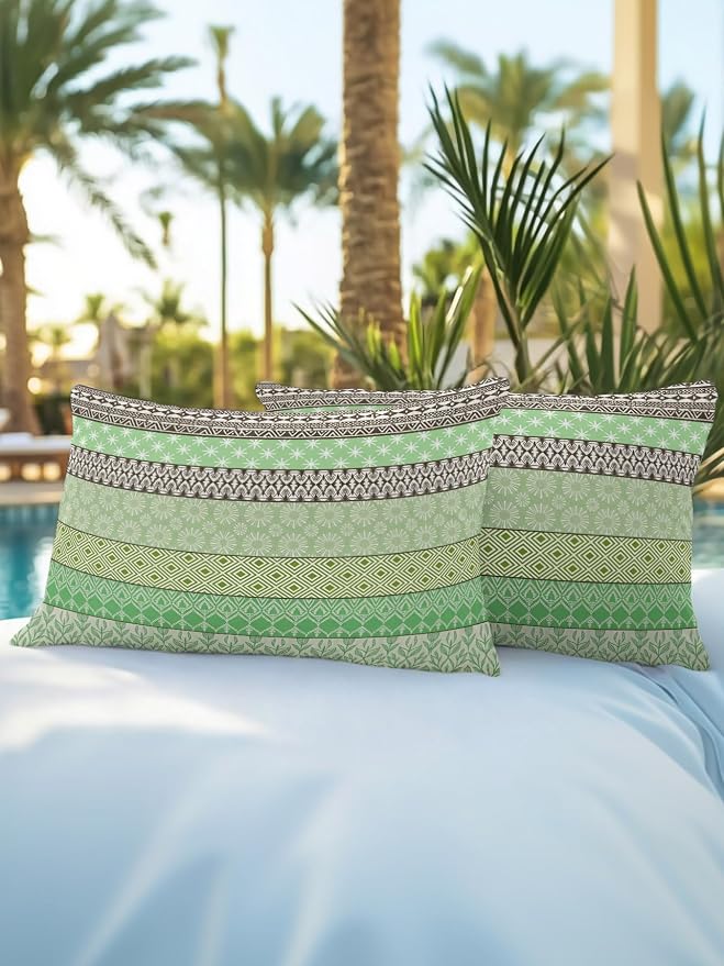 Waterproof Outdoor Pillow Set of 2 Green Bohemian Decorative Throw Pillows Cover & Insert 20x12 Inch Lumbar Pillowcase Boho Style Floral Leaves Geometric Pillows for Couch Sofa Bed Patio Furniture