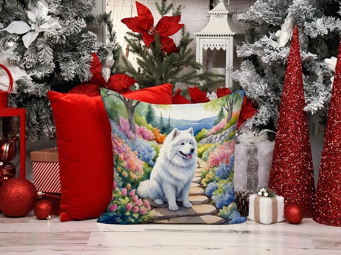 Caroline's Treasures Samoyed Spring Path Throw Pillow Machine Washable, Indoor Outdoor Decorative Pillow for Couch, Bed or Patio, 14Hx14W