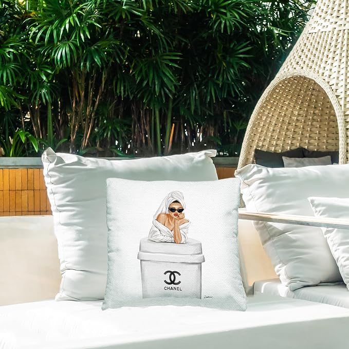 Stupell Industries | Glam Girl Leaning Coffee Cup, 18 x 18 | Outdoor Pillow, Made in USA - By Ziwei Li
