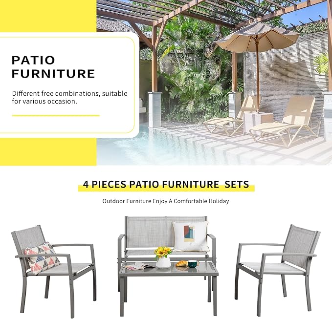 Shintenchi 4 Pieces Patio Furniture Set All Weather Textile Fabric Outdoor Conversation Set, with Glass Coffee Table, Loveseat, 2 Single Chairs for Home, Garden, Lawn, Porch（Silver）