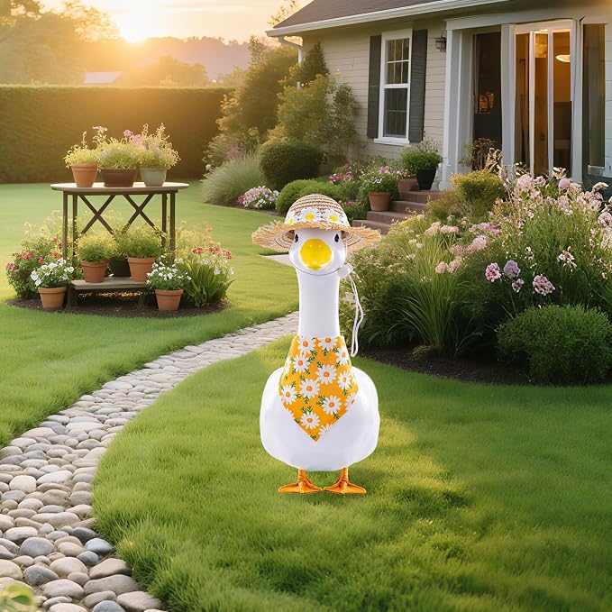 Daisy Flower Outfit for Porch Goose - 2Pcs Summer Goose Clothes with Yellow Floral Hat & Bib Accessories for 23” Cement or Plastic Gooses Statue, Garden Lawn Porch Decoration