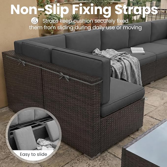15 Pieces Patio Furniture Set with 44" Propane Gas Fire Pit Table, Outdoor Sectional Brown Rattan Wicker Conversation Sofa Sets with Coffee Table