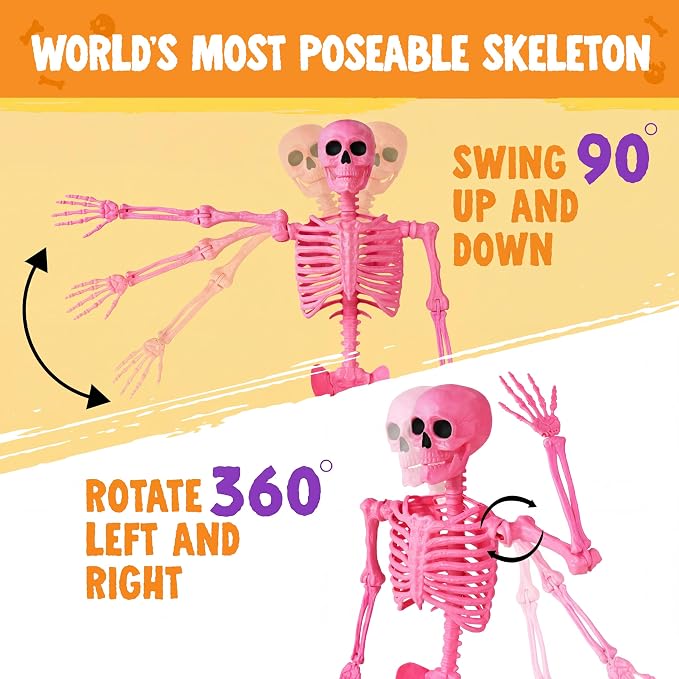 JOYIN 5.6 FT Halloween Posable Skeleton Life Size, Giant Outdoor Yard Skeletons, Pink Plastic Skeleton with Movable Joints for Haunted House Props, Halloween Decorations, Spooky Scary Skeletons Party
