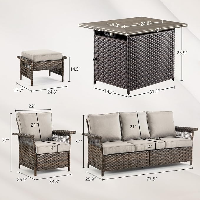 Patio Furniture Set with Fire Pit Table, 6PCS Patio Conversation Set Brown Resin Wicker Patio Chair Sofa Ottoman with 41in Rectangular Outdoor Fire Table PE Rattan Furniture Set