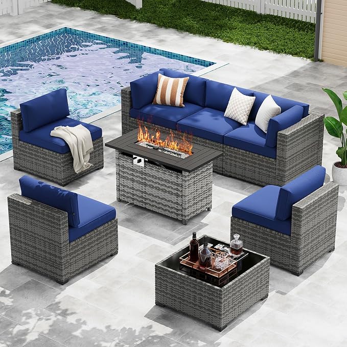LazySunsets 8-Piece Patio Furniture Set with 44" Fire Pit Table, Wicker Outdoor Furniture, Patio Conversation Sets with Coffee Table, Outdoor Sectional Couch, Blue