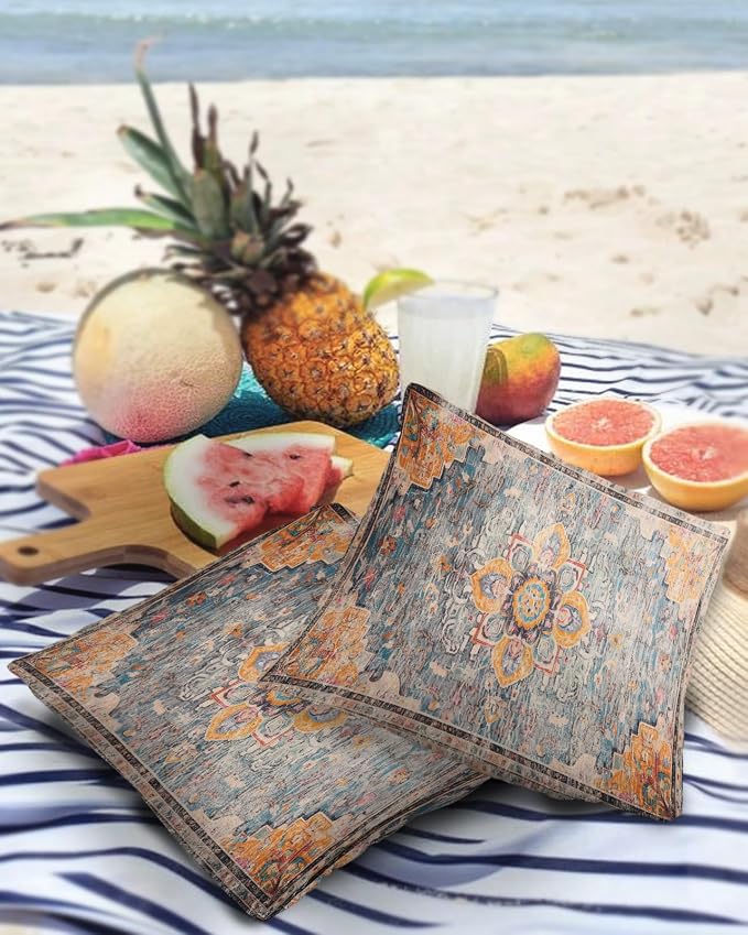 Prime Leader Outdoor Waterproof Pillow Covers Set of 2, Geometric Abstract Carpet Flowers Pattern Yellow Patio Throw Pillow Covers, Decorative Cushion Case for Couch Sofa Furniture Garden, 16x16 Inch