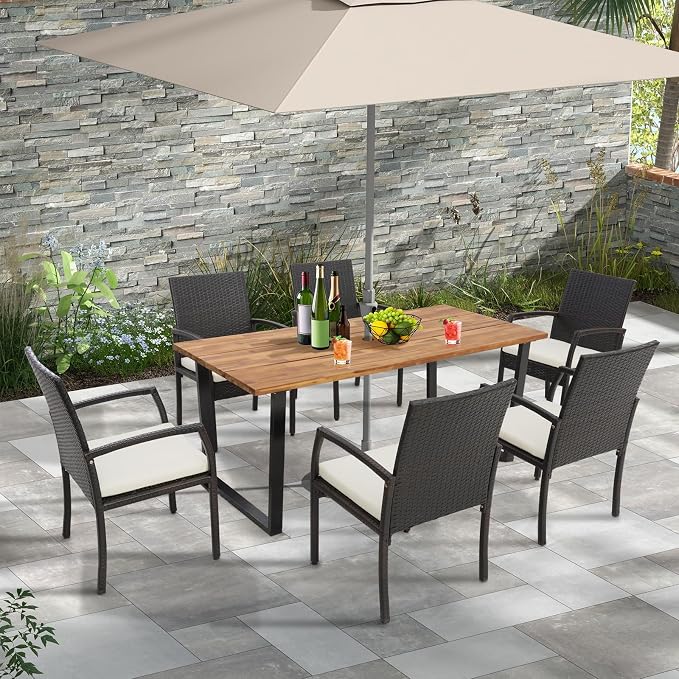 Tangkula 7 Piece Patio Rattan Dining Set, Outdoor Wicker Chair & Dining Table Set, Acacia Wood Tabletop w/Umbrella Hole, Seat Cushions Included, for Poolside, Backyard (7 PCS)