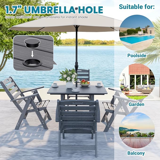 5-Piece Outdoor Dining Set, No-Assembly Foldable Chairs, All-Weather HDPE Outdoor Table and Chairs with Elegant Armrest, Patio Furniture Sets with Umbrella Hole for Patio, Gray