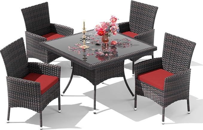 10 Pieces Outdoor Patio Dining Set,Patio Table and Chairs Rattan Outdoor Patio Furniture Set with Umbrella Hole,Dining Table Set for 8 with Chairs for Backyard,Garden and Kitchen,Red