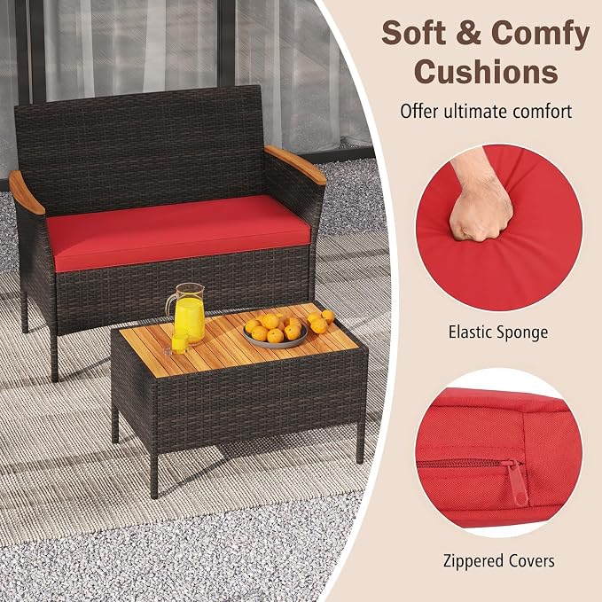 Tangkula 4 Pieces Patio Wicker Sofa Set, 2 Rattan Chairs & Loveseat w/Coffee Table, Acacia Wood Armrests & Tabletop, Outdoor Cushioned Conversation Set for Backyard, Poolside (Red, 4 Pieces)