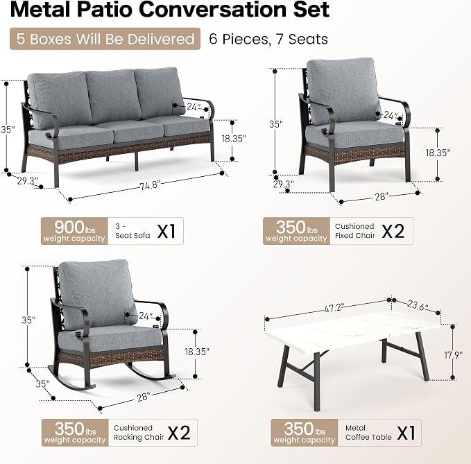 SUNSHINE VALLEY 6 Piece Metal Outdoor Patio Furniture Set, Patio Conversation Set with 1 3-Seater & 2 Fixed Sofas, 2 Rocking Sofas, 5.75" Thick Cushion & Coffee Table, Black & Gray Backyard Furniture