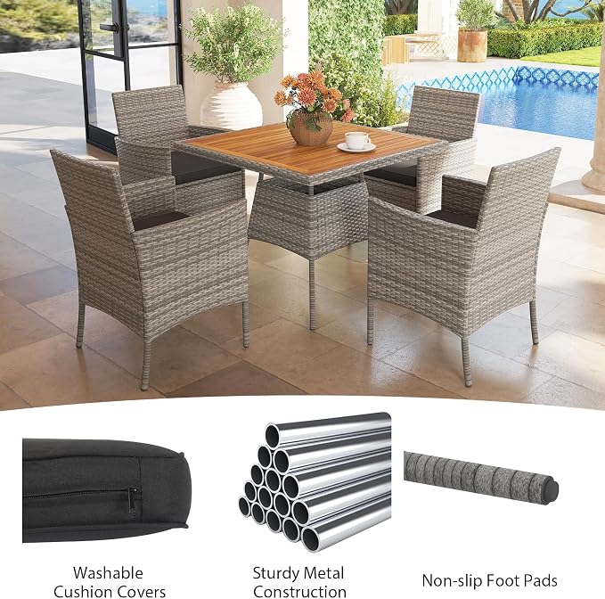 HAPPYGRILL 5 Pieces PE Wicker Patio Dining Set with Table and Chairs with Cushions, Outdoor Patio Furniture Set for Deck, Garden and Backyard (Grey Black & Wood)