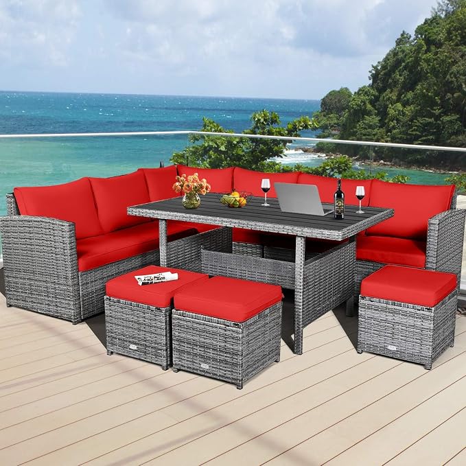 HAPPYGRILL 7 Pieces Rattan Wicker Patio Conversation Set, Outdoor Patio Furniture Set with Cushions, Rattan Sofa Set with Dining Table & Ottomans for Poolside Backyard Balcony Garden (Red)