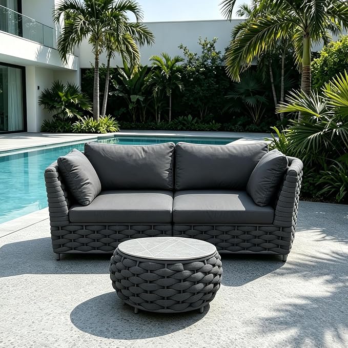 TWT 3 Piece Outdoor Patio Furniture Set, Rope Weave Patio Conversation Sofa with Water Repellent Cushions & Coffee Table,for Backyard Garden Porch Poolside,Dark Grey