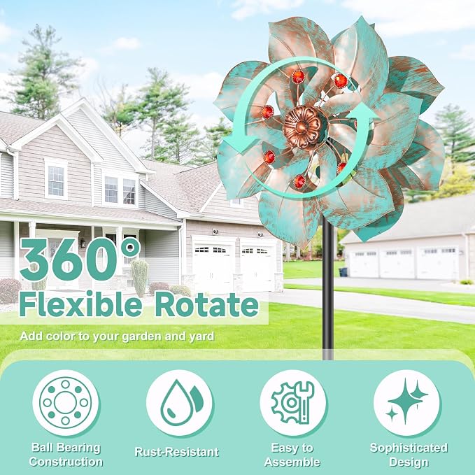 Wind Spinners Outdoor, Retro Green 2‑Blade Kinetic Wind Sculpture with Red Gems, Dual‑Direction Windmill with 5‑Prong Base, Height Adjustable Yard Art for Lawn Patio Garden, 12.6" W x 63" H
