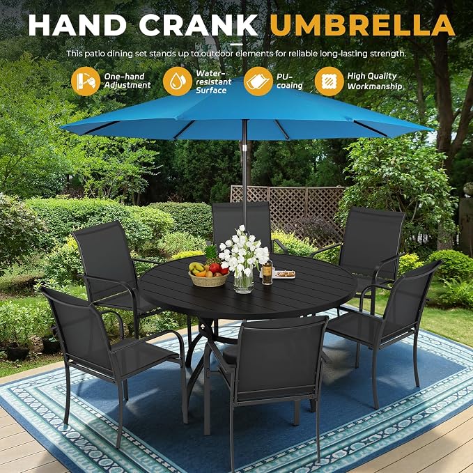 Incbruce 8 PCS Patio Dining Set with Sky Blue Umbrella, Outdoor Dining Set of 6 Textilene Chairs and 53" Round Table with Umbrella Hole for Backyard, Garden, and Poolside (Black)