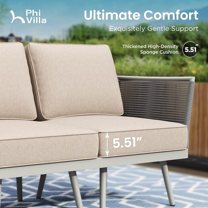 PHI VILLA 5-Piece Rope Rattan Patio Sectional Furniture Set,Modern Outdoor Conversation Set with Detachable Armrests and Grey Metal Frame,All Weather Patio Sofa with Coffee Table and Biege Cushions