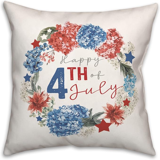 Happy Fourth Indoor/Outdoor Pillow | Decorative Pillows for Living Room Couch Bed Sofa Patio, Fluffy Soft Cushion | Water Resistant Multi, 18x18